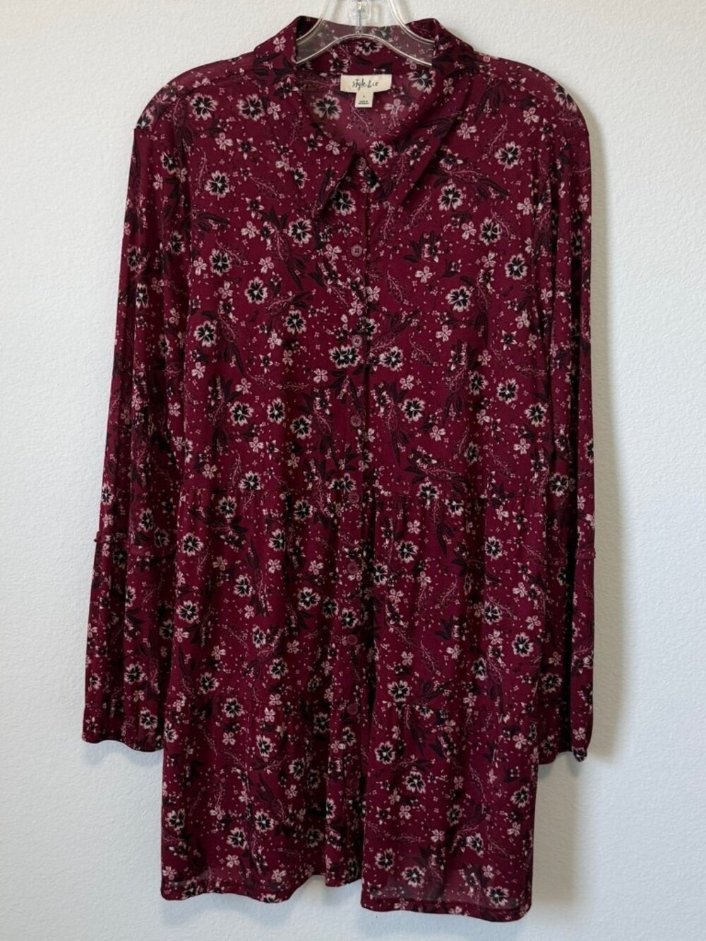 Style & Co Long Sleeve Button Up Tiered Floral Stretch Semi-Sheer Blouse Size L